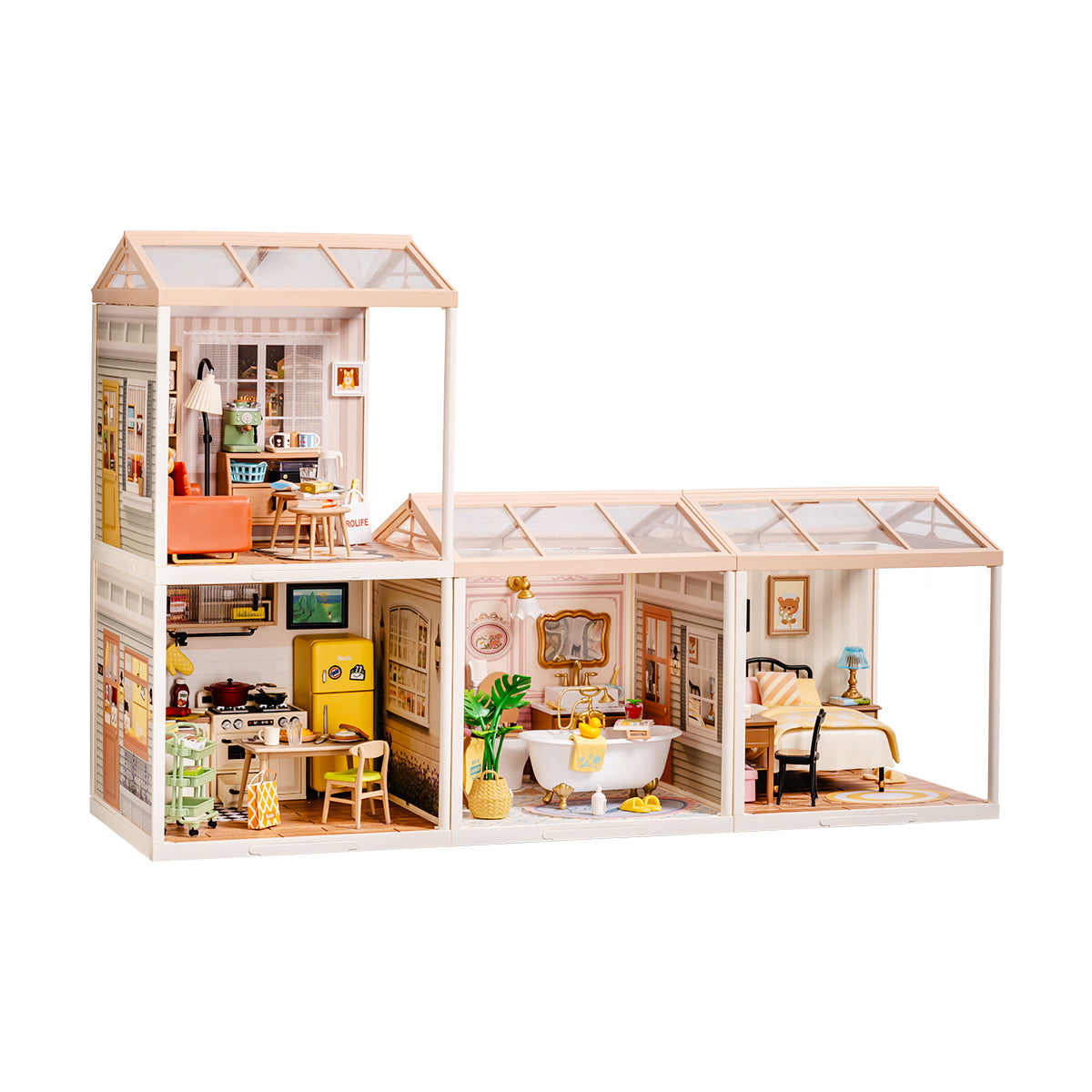Rolife Super Creator 4 in 1 L Shape DIY Miniature House, DIY miniature dollhouse kit, front product view