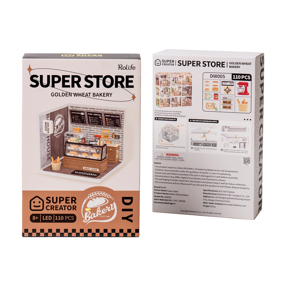 Rolife Super Creator Golden Wheat Bakery DW005 miniature house kit retail box showing front and back packaging with