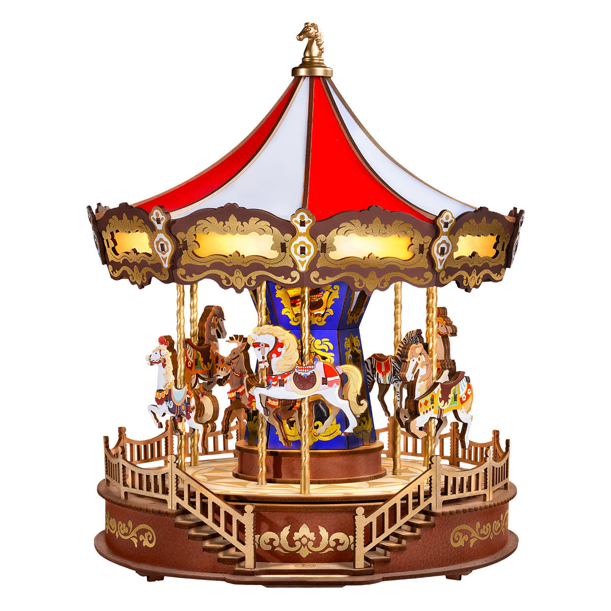 Rolife Classic Carousel AMC01 Music Dreamer front view on white background showing full red white canopy with six painted horses and golden trim