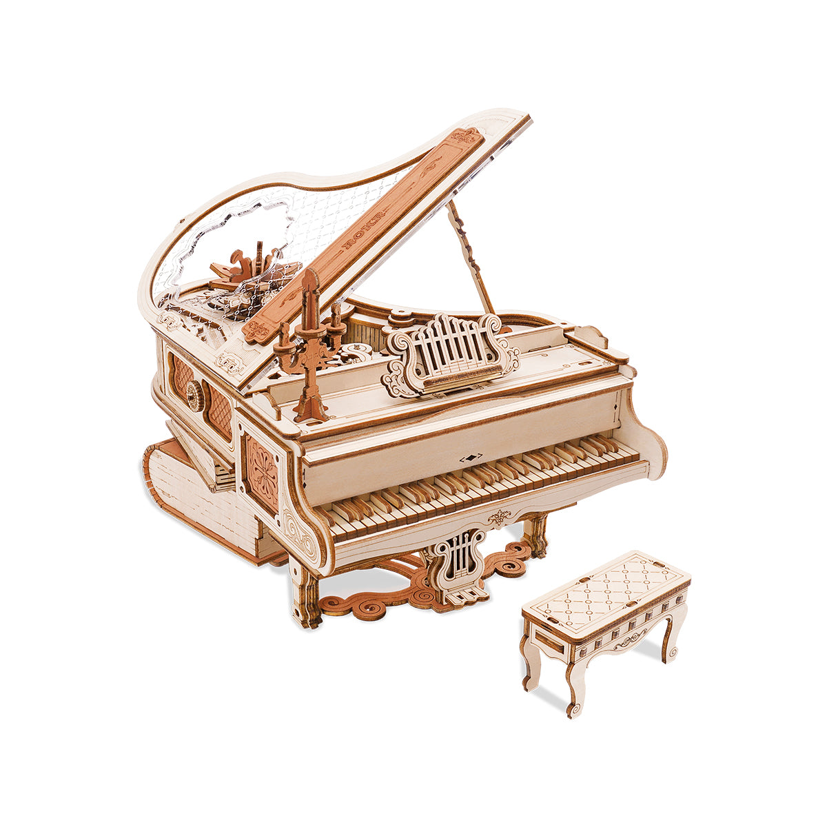 ROKR Magic Piano AMK81 white background product view showing the assembled grand piano with piano bench and open transparent acrylic lid