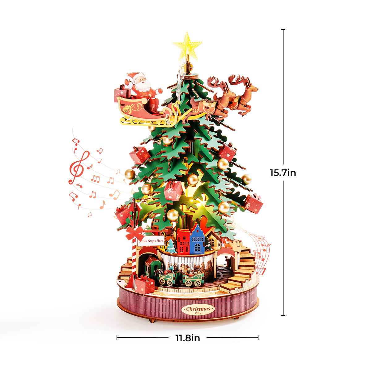 Rolife Christmas Melody Tree AMS01 dimension diagram showing the assembled green tree at 15.7 inches tall with Santa sleigh orbiting the top