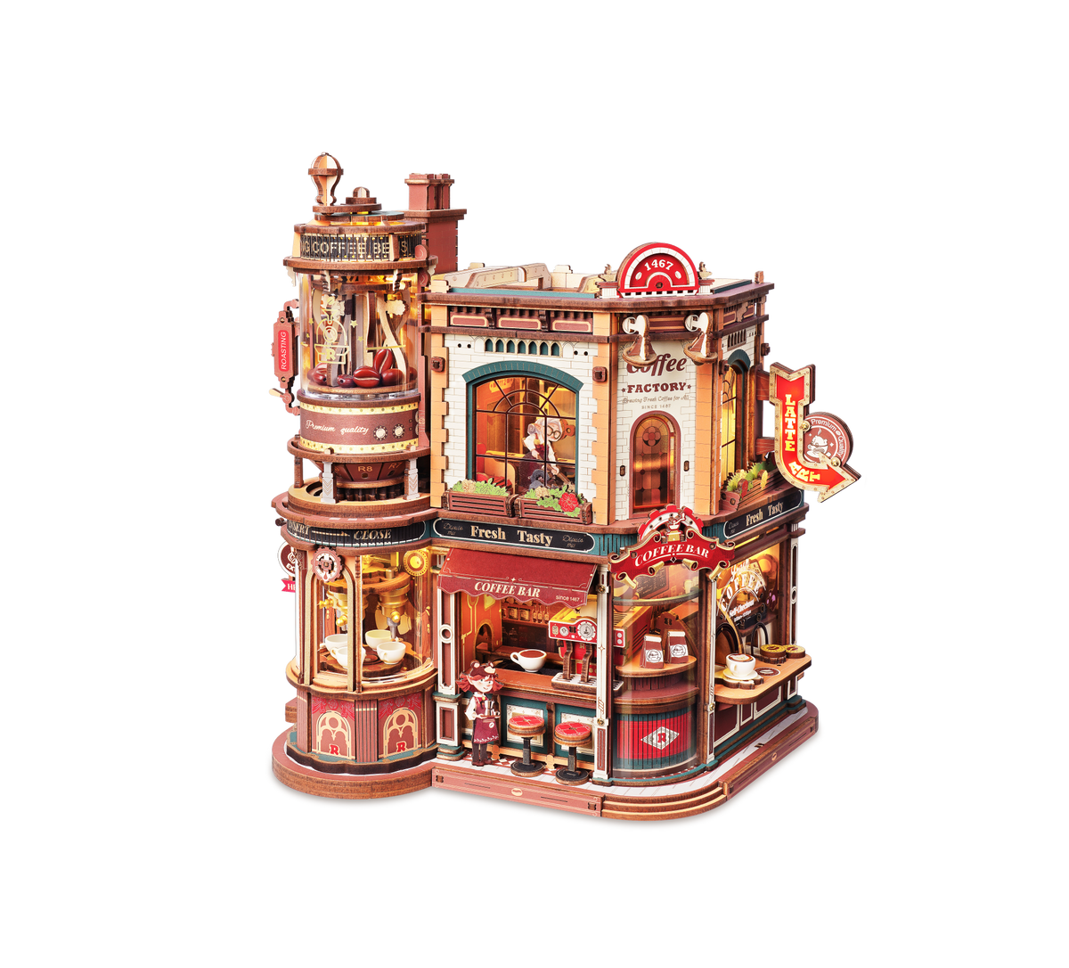 Rolife amusement park miniature with illuminated round corner building, candy shop and Ferris wheel on white