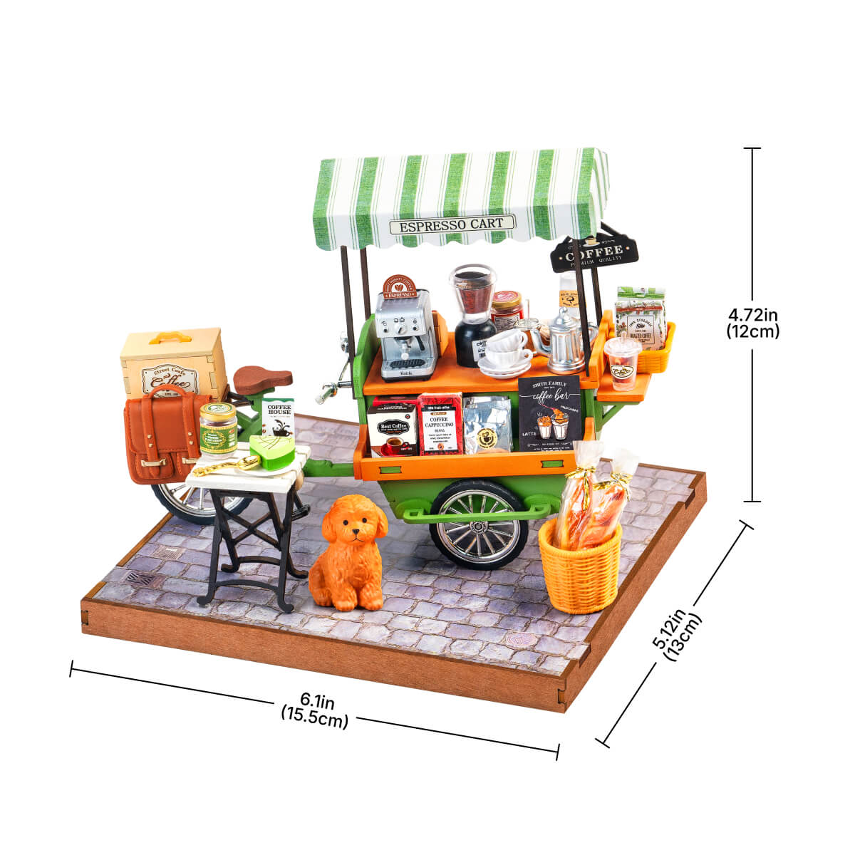 Rolife Aromatic Coffee Cart Miniature House DG182 DIY miniature house kit, parts and pieces laid out before assembly