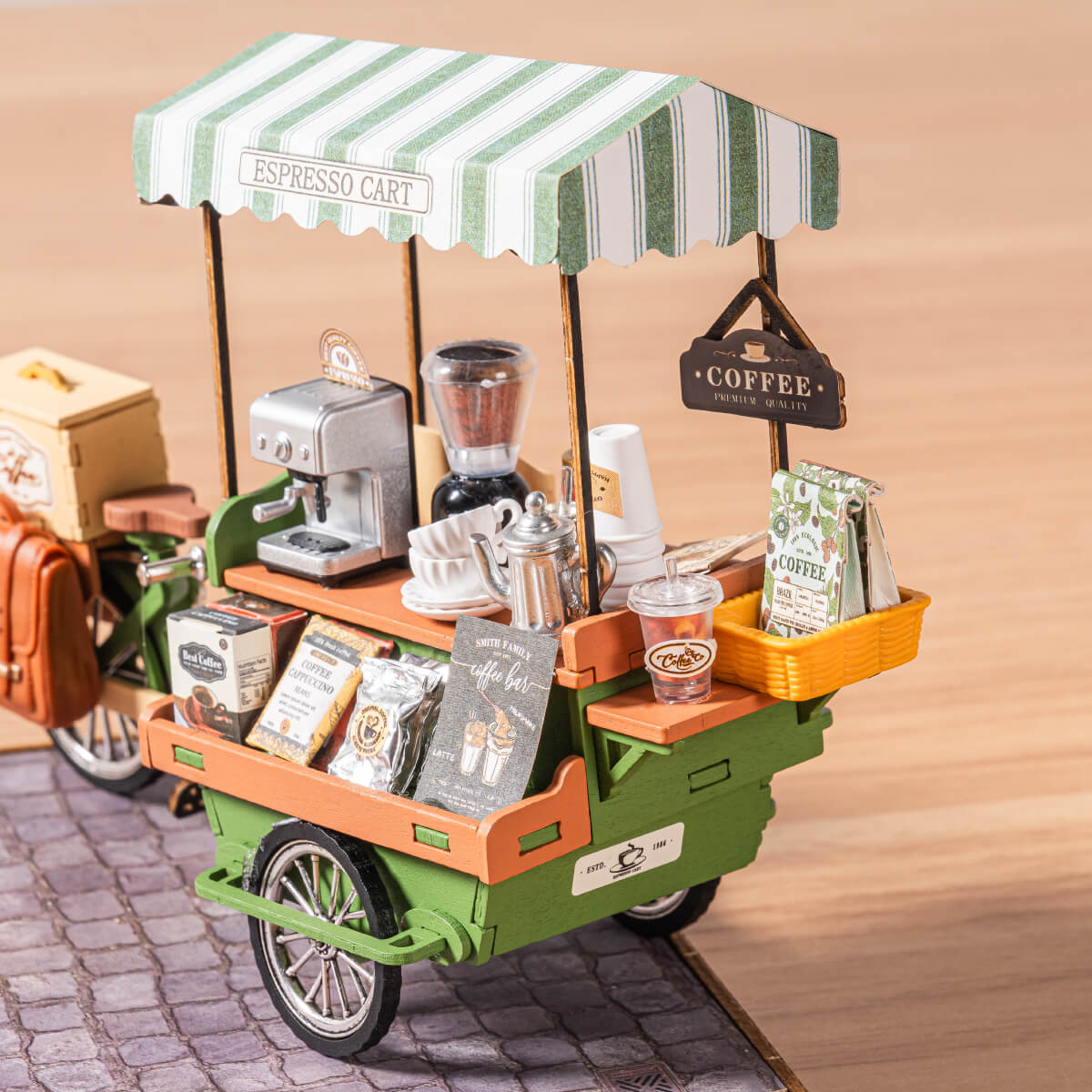Rolife Aromatic Coffee Cart Miniature House DG182 DIY miniature house kit, styled lifestyle scene with model assembled