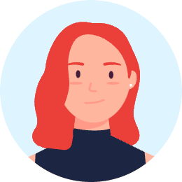 Robotime Online flat illustration avatar of a woman with red hair in navy top on light blue circular background