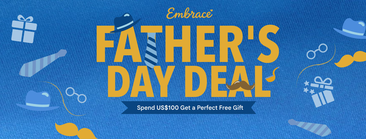Robotime Embrace Father's Day Deal wide banner with spend $100 free gift offer on blue.