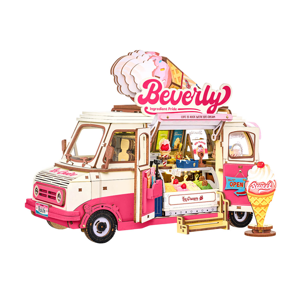 Rolife Beverly's Ice Cream Truck 3D Wooden Puzzle TGS06 3D wooden vehicle puzzle, product front view on neutral background