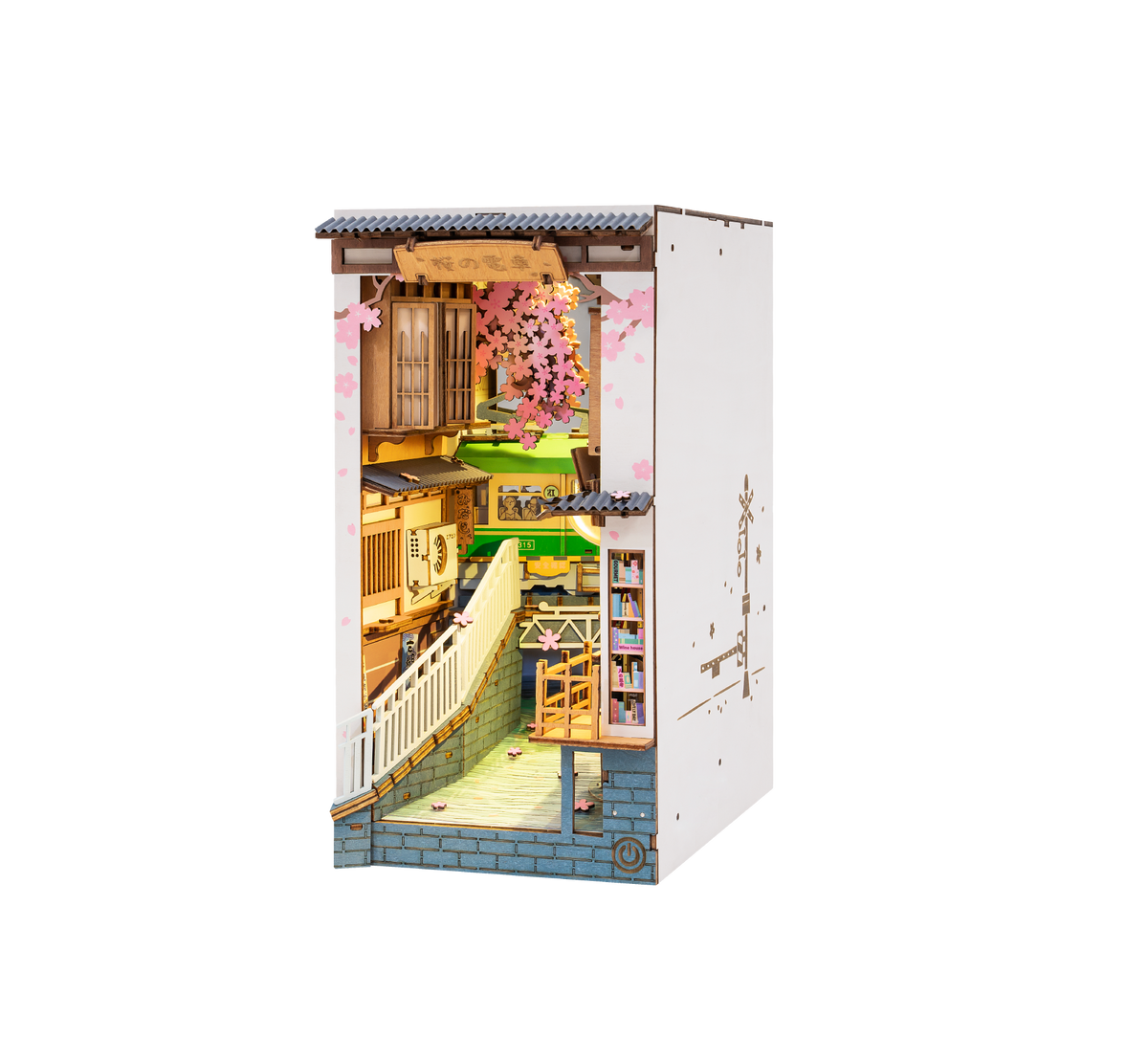 Rolife book nook DIY miniature insert showing a Japanese-style multi-story shop facade with lanterns