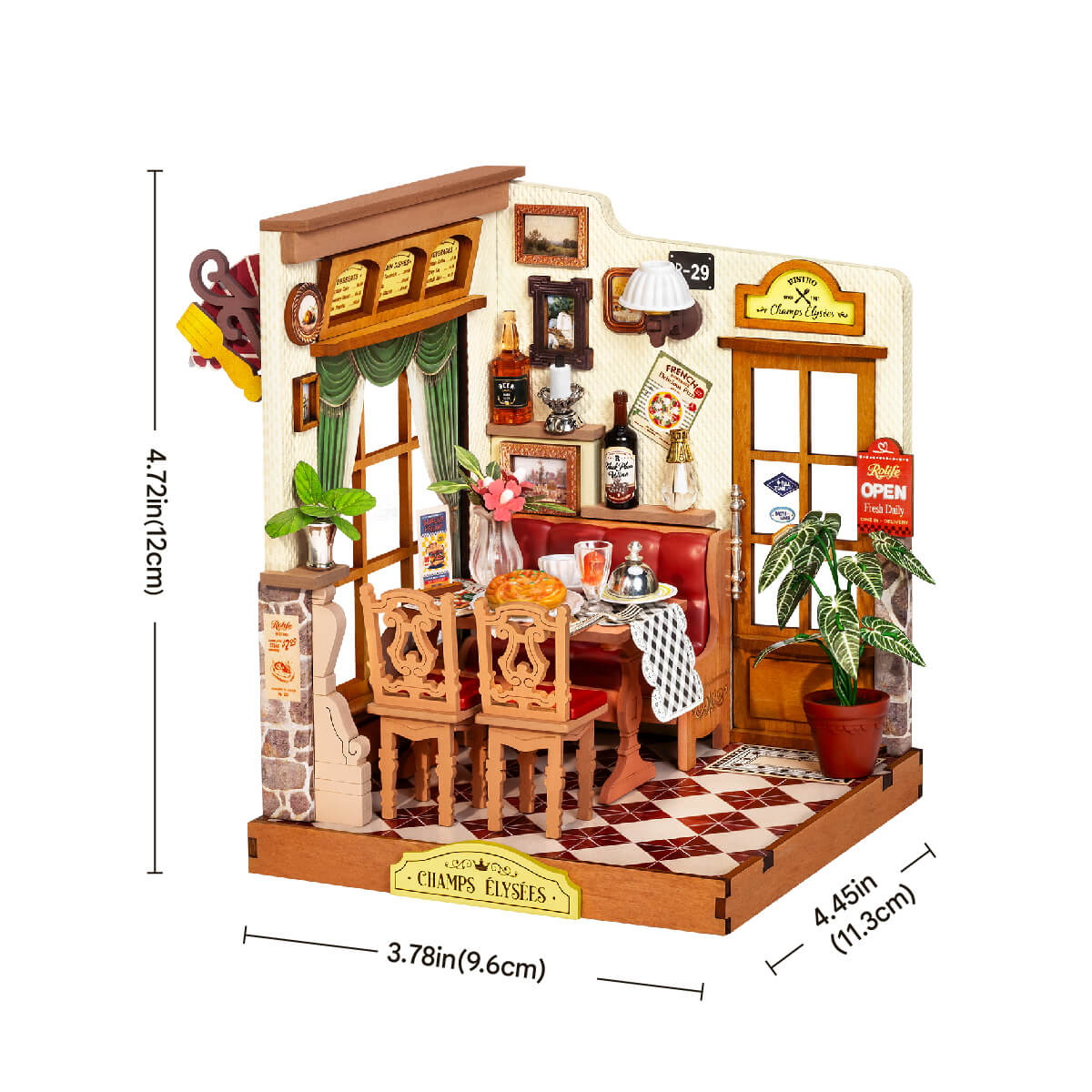 Rolife Champs-Élysées Bistro Miniature House DS053 DIY miniature house kit, styled lifestyle scene with model assembled