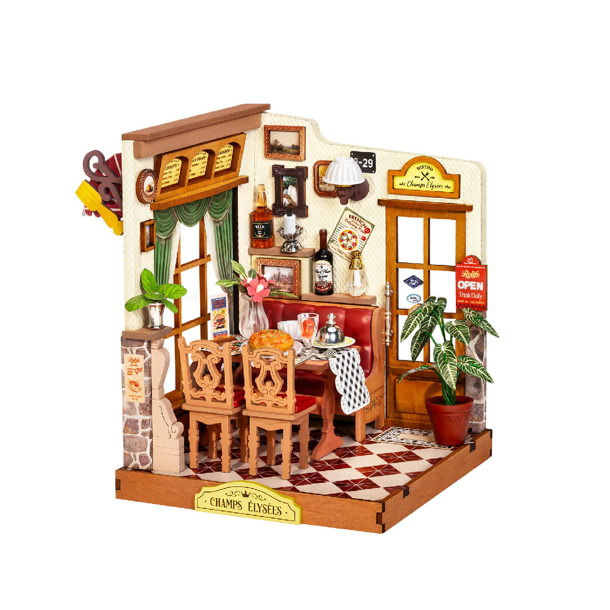 Rolife Champs-Élysées Bistro Miniature House DS053 DIY miniature house kit, product front view on neutral background