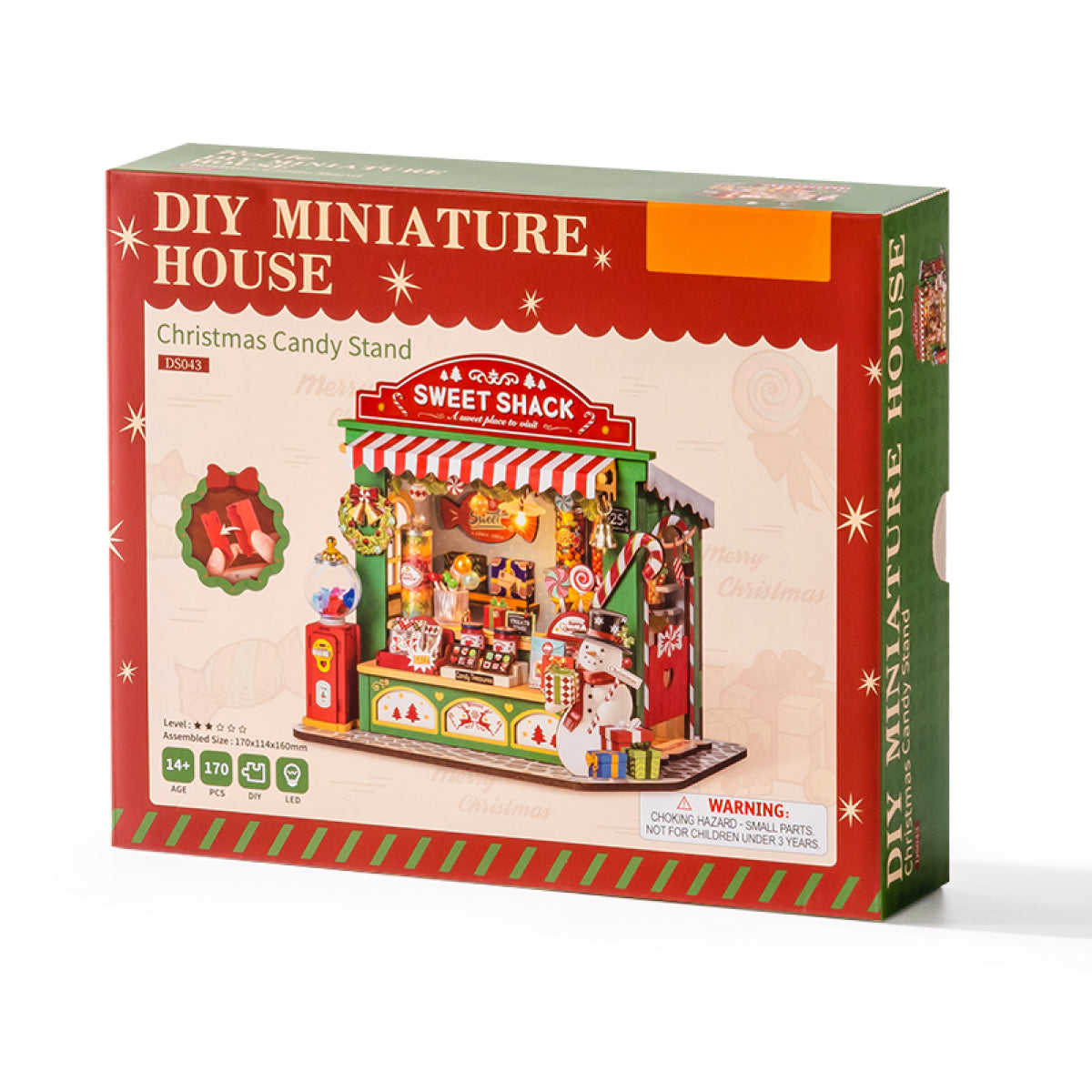 Rolife Christmas Candy Stand Miniature House DS043 3D wooden architecture model, parts and pieces laid out before assembly