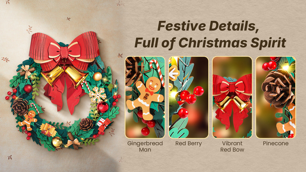 Rolife Christmas Wreath TGL04 detail graphic, four insets of gingerbread man, red berries, red bow and pine cones