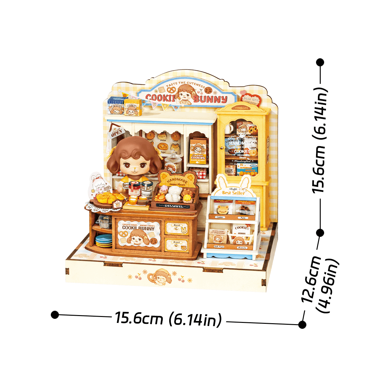 Rolife Cookii Bunny's Cookie Shop Miniature House DG177 DIY miniature house kit, side view highlighting structure and scale