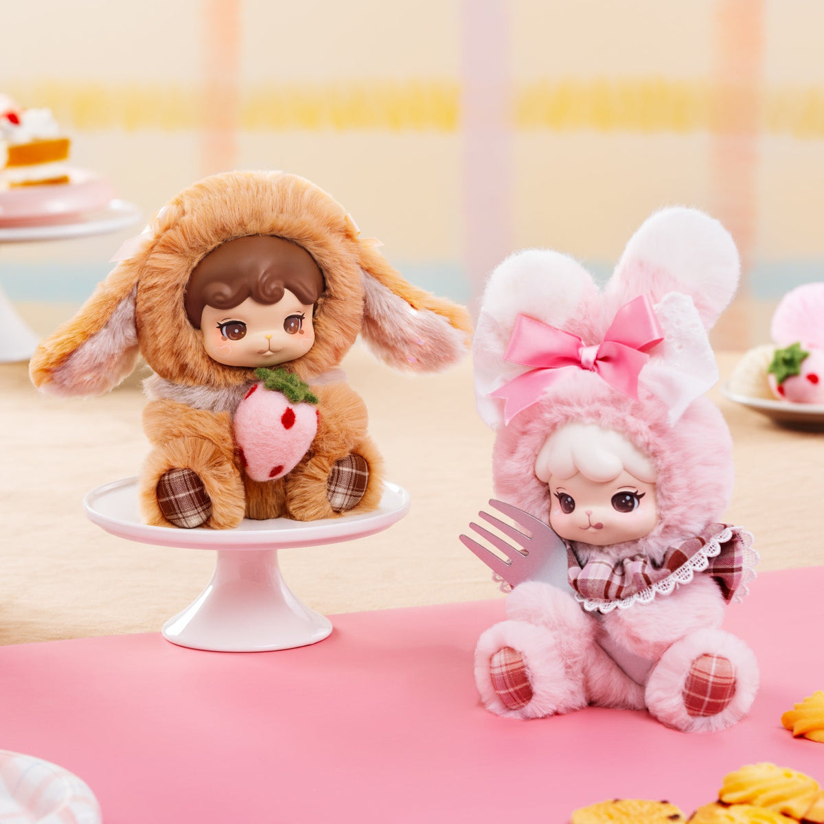 Rolife Cream & Cookii Bunny Best Friend Surprise Plush Pendant MBAXX, styled lifestyle scene with model assembled