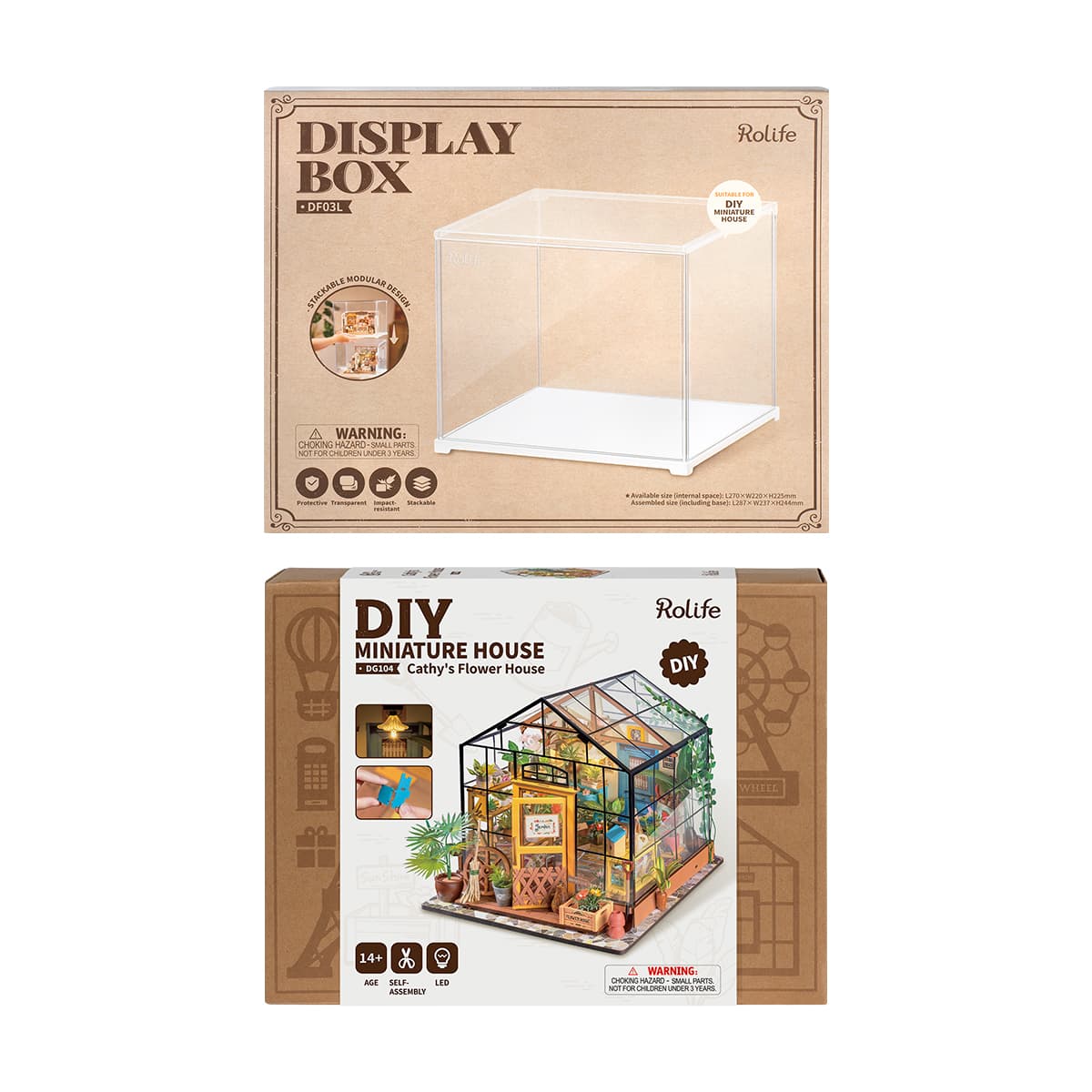 Rolife Cathy's Flower House kit packaging and matching display box package stand together.