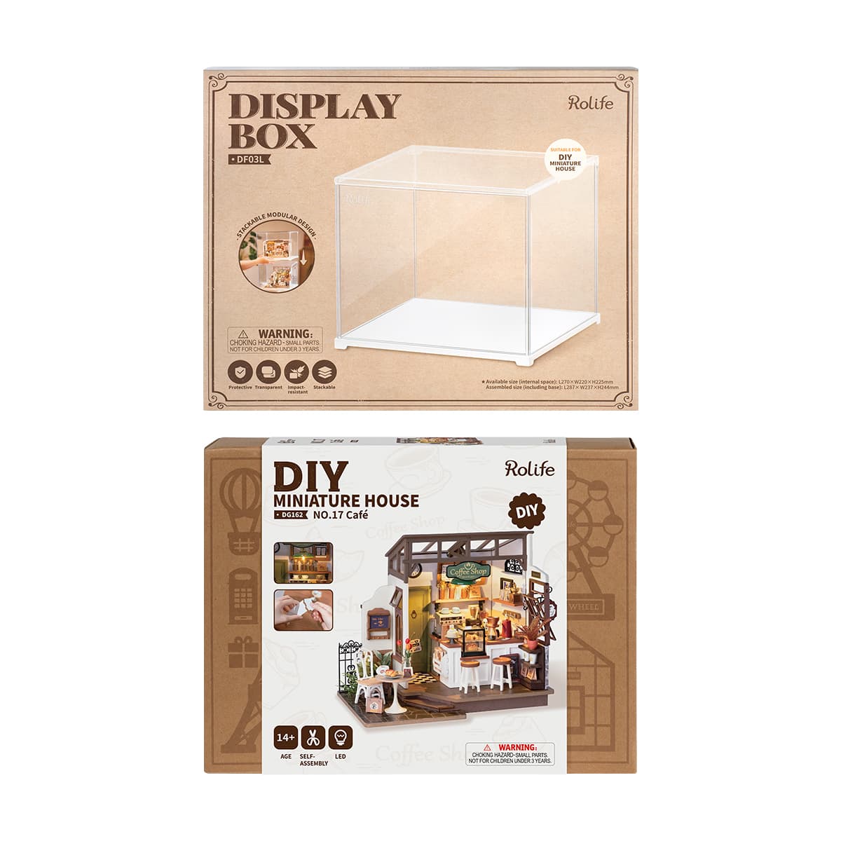 Rolife cafe kit packaging is shown with the clear display box packed above the model box.
