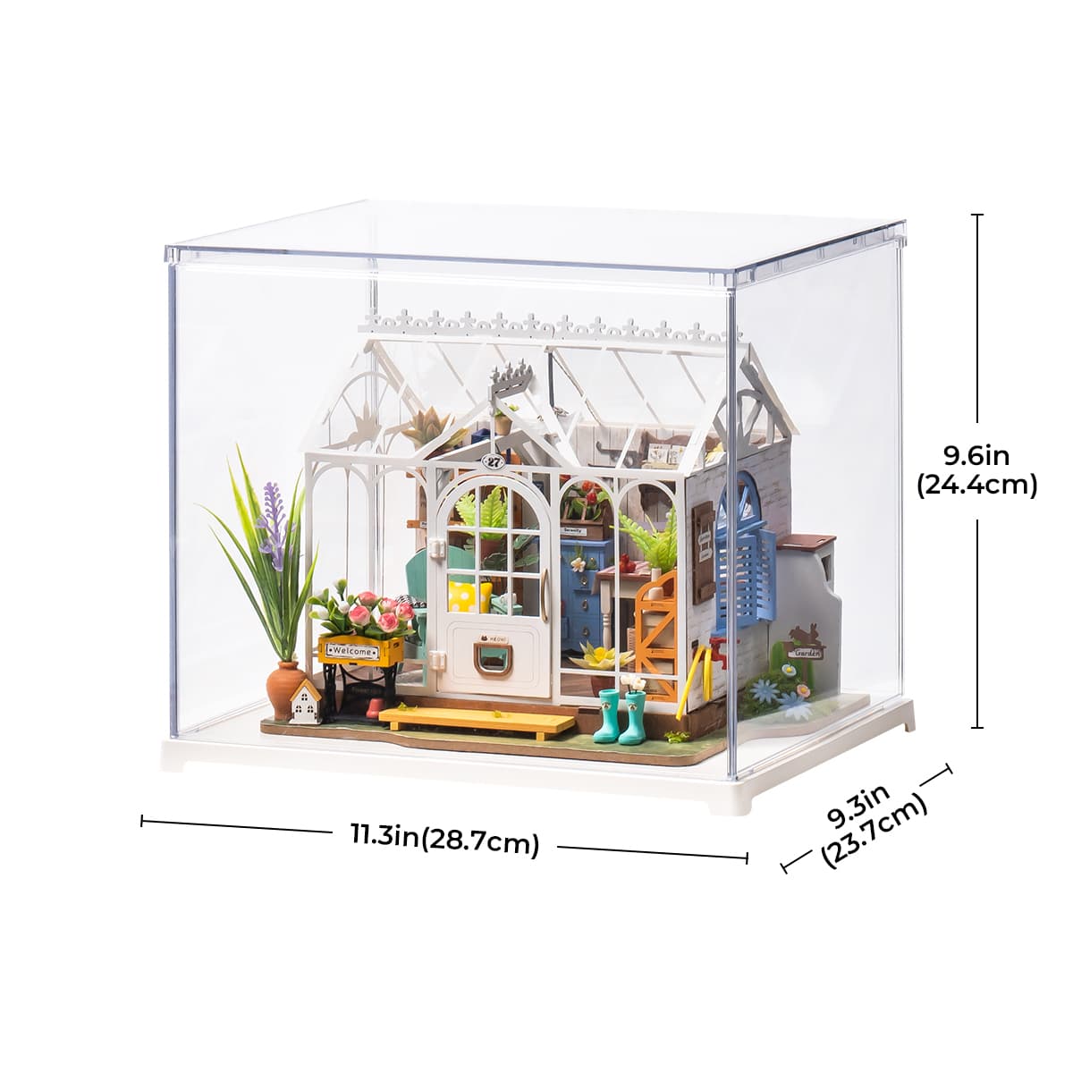 Rolife Dreamy Garden House display box shows the greenhouse model with case dimensions.