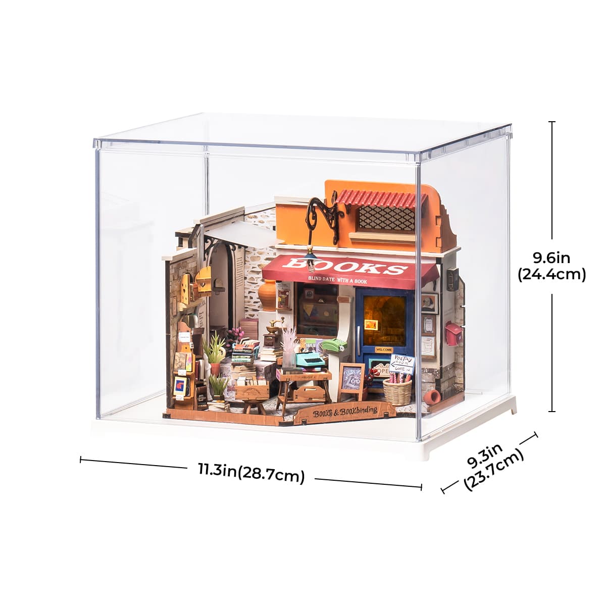 Rolife Corner Bookstore display box shows the orange awning shop with case dimensions.