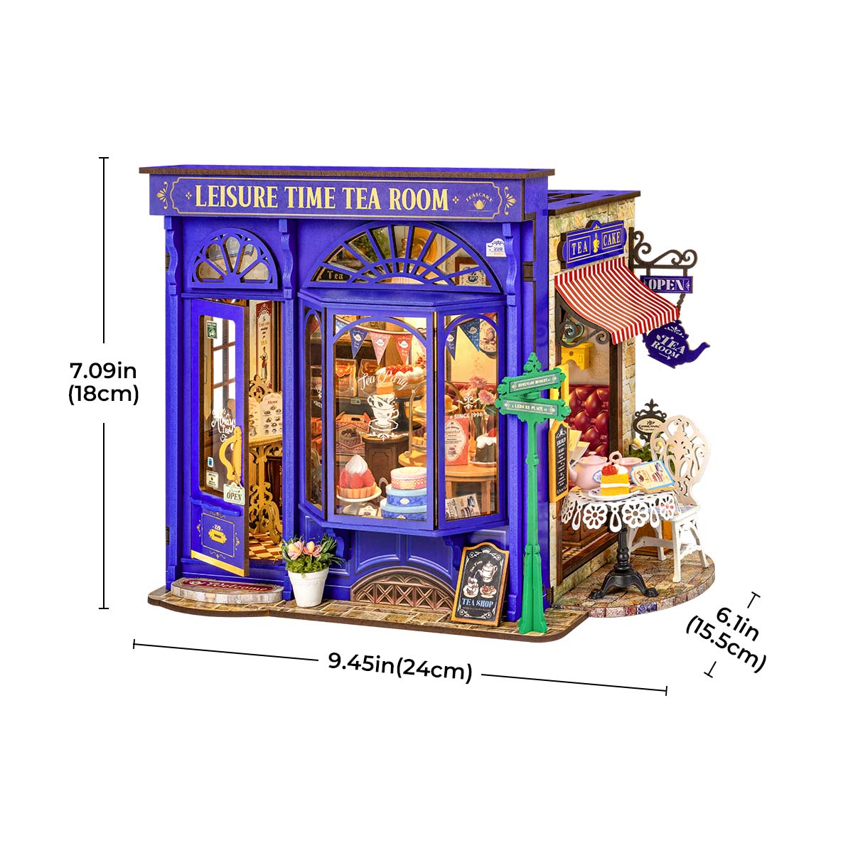 Rolife Leisure Time Tea Room DG171 dimension diagram showing the completed miniature house measuring 9.45 by 7.09 by 6.1 inches on white background