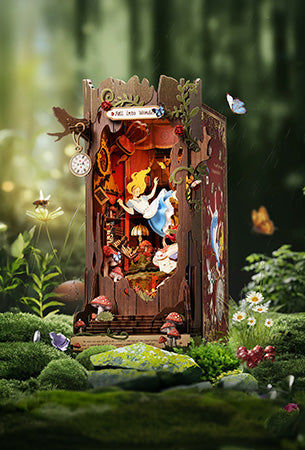 Rolife DIY book nook Fall Into Wonderland with Alice character scene displayed in a mossy green forest with butterflies and warm amber glow