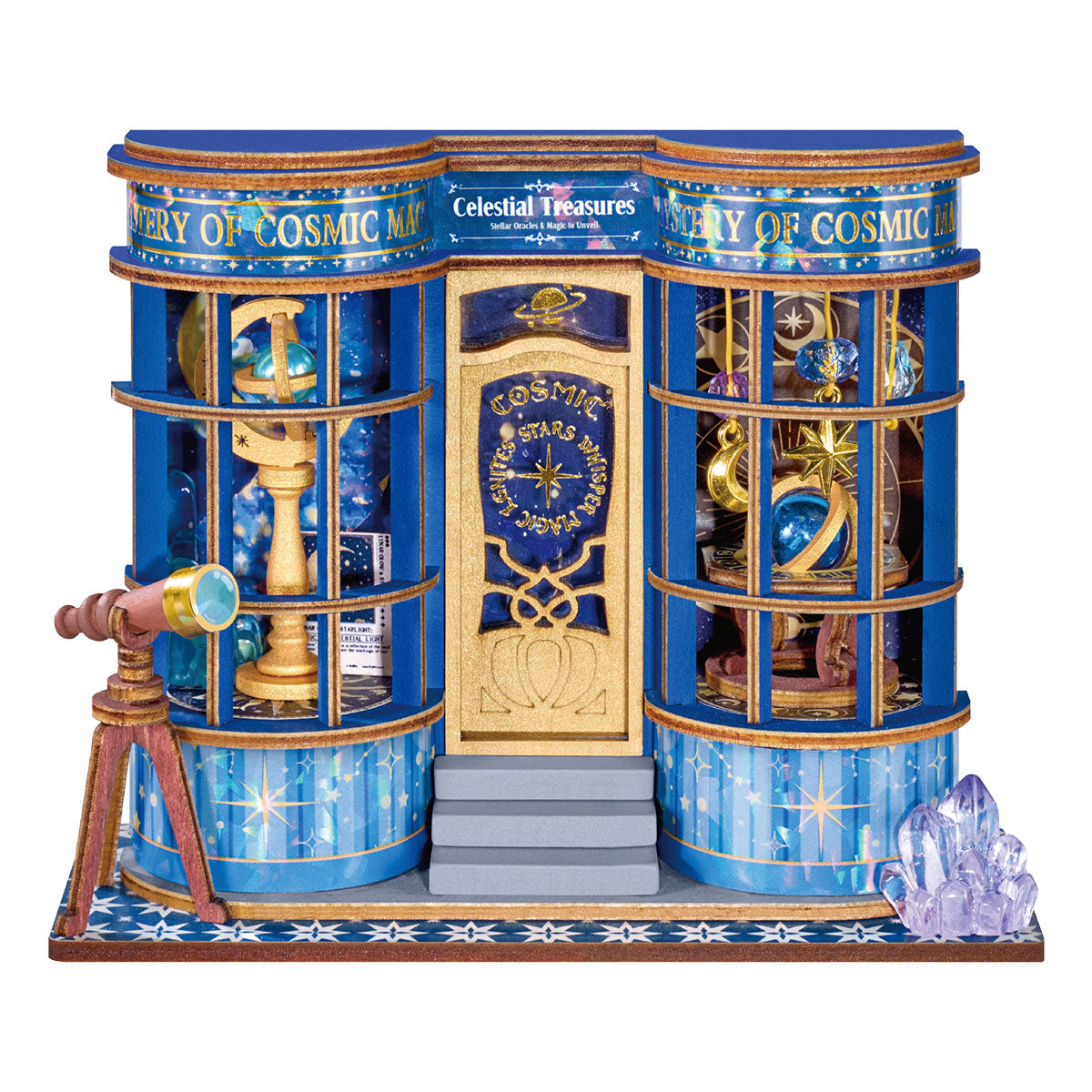 Rolife Magic Astronomy Shop Miniature House DS048 DIY miniature house kit, product front view on neutral background