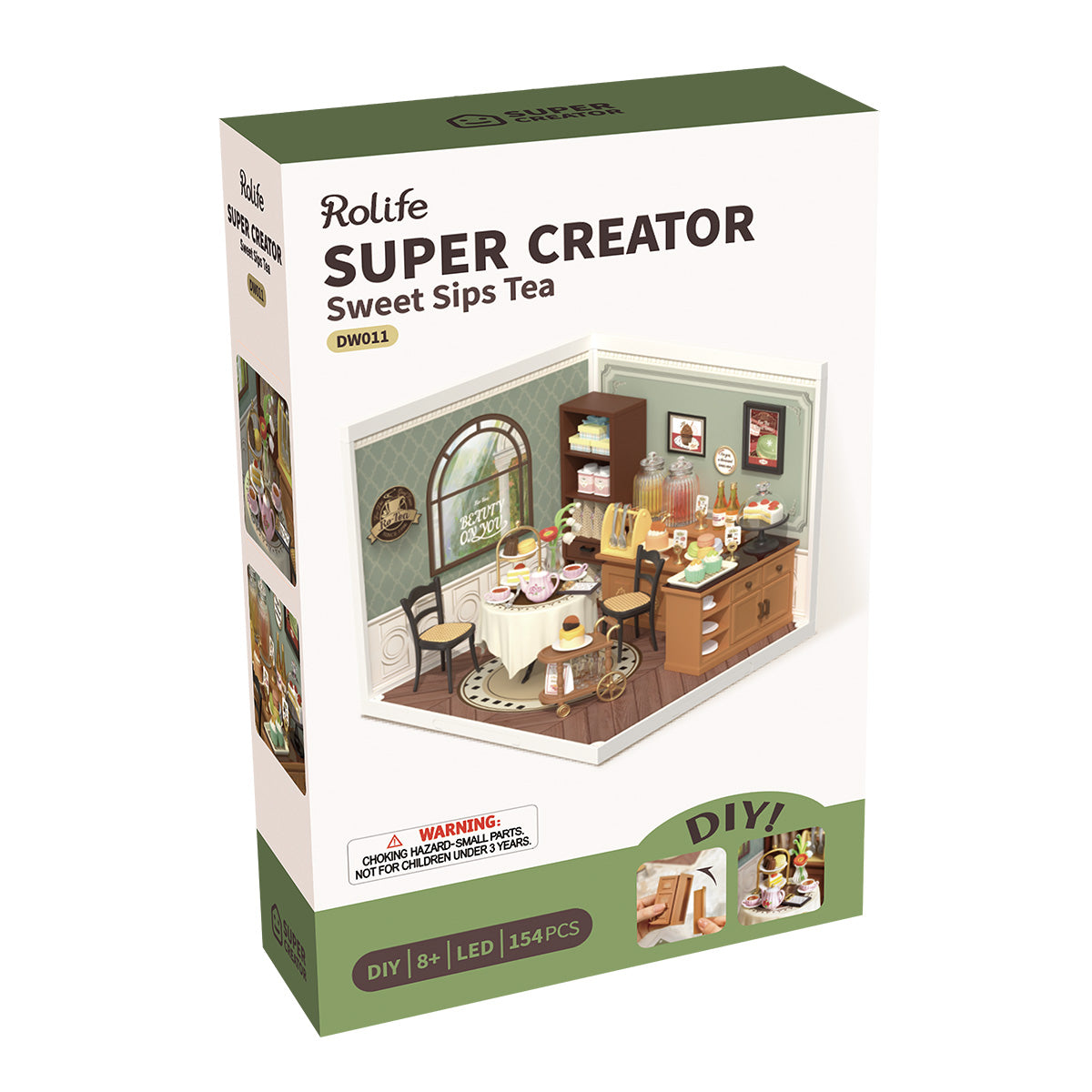 Rolife Sweet Sips Tea DW011 Super Creator miniature tea room packaging box showing cozy afternoon tea scene with green walls and arched window