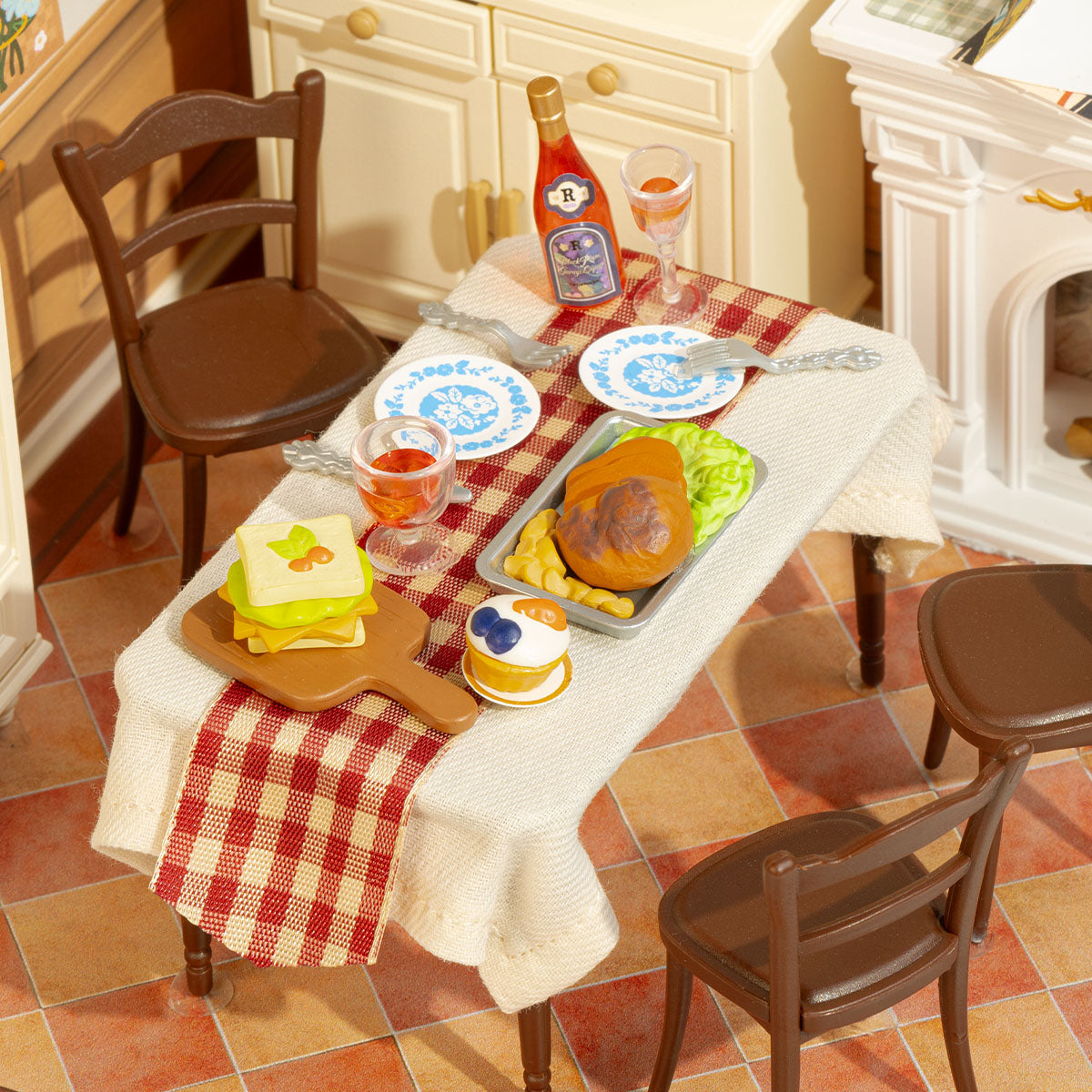 Rolife Warm Dining Room DW015B miniature scene top-down view showing a dinner table set with food, wine bottle and chairs