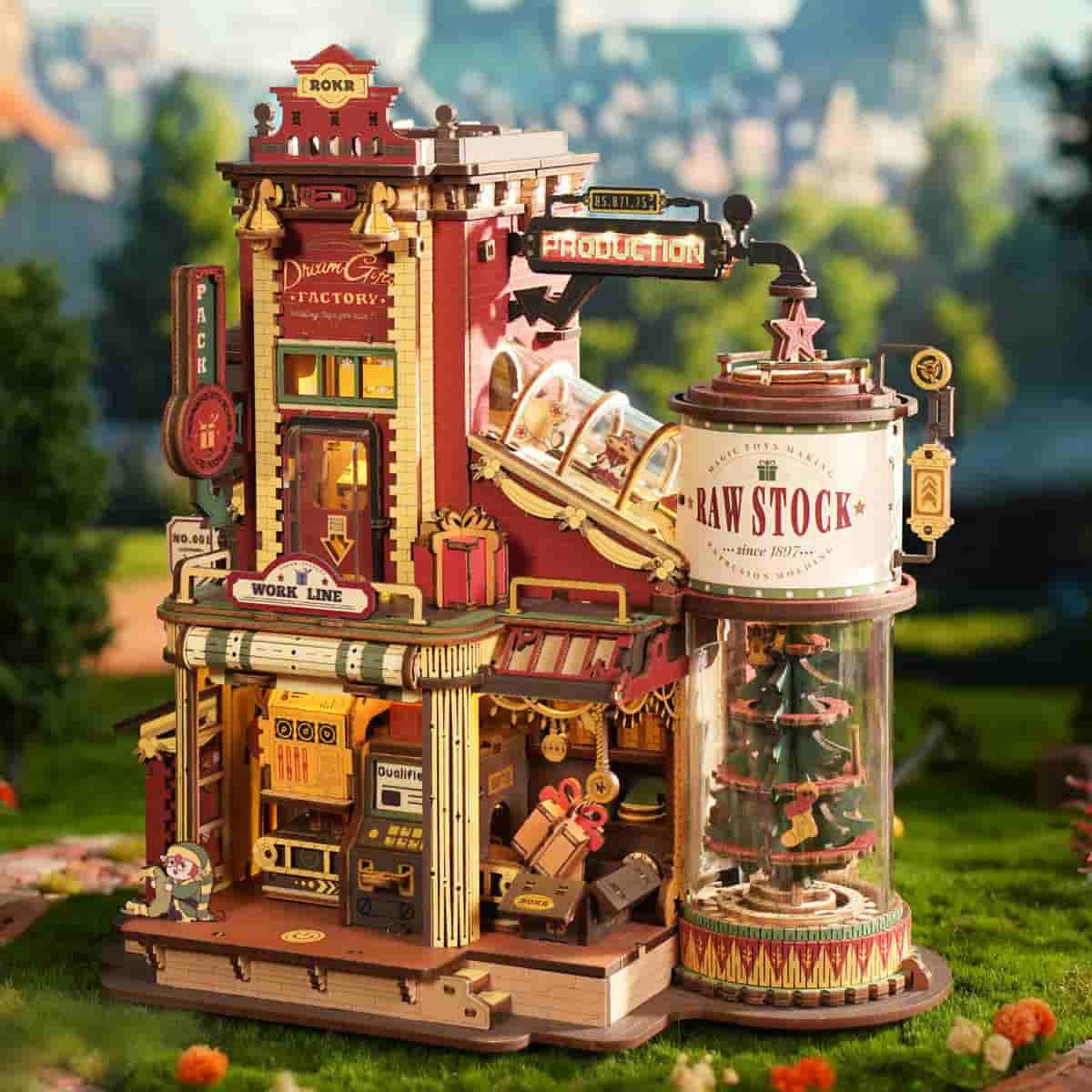 ROKR Dream Gift Factory EAB01 daytime front view of fully assembled building showing the PACK door Work Line station and Production conveyor arm