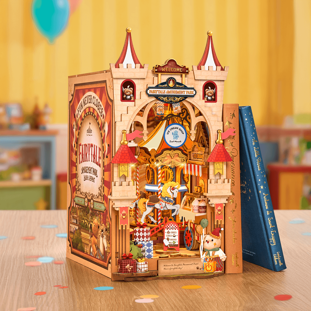 Rolife Fairytale Amusement Park Book Nook TGB17 3D wooden puzzle model, angled view showing detail and craftsmanship