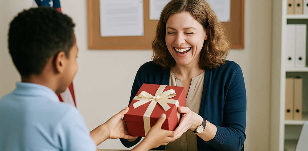 Student presenting a red gift box with gold ribbon to a smiling teacher in a classroom, representing Robotime back-to-school gift ideas for teachers