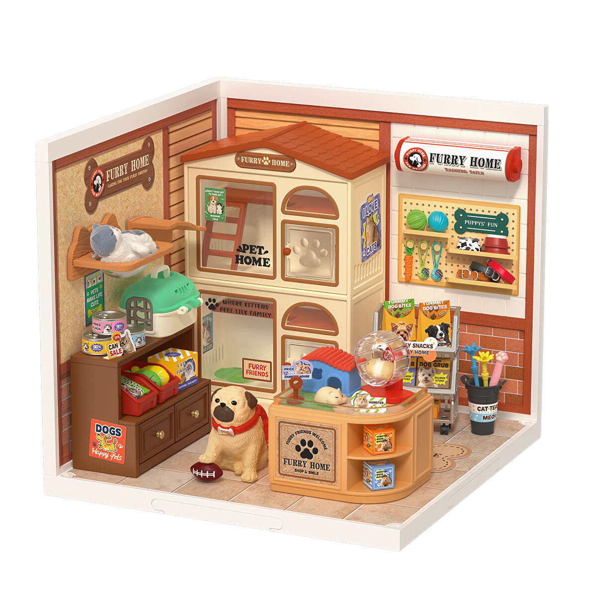 Rolife Furry Friends Home miniature pet store interior with dog, shelves and snack display counter