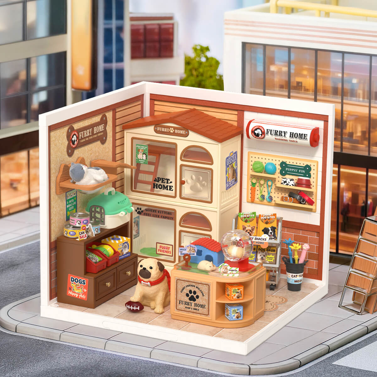Rolife Furry Friends' Home Miniature House DW027 DIY miniature house kit, angled view showing detail and craftsmanship