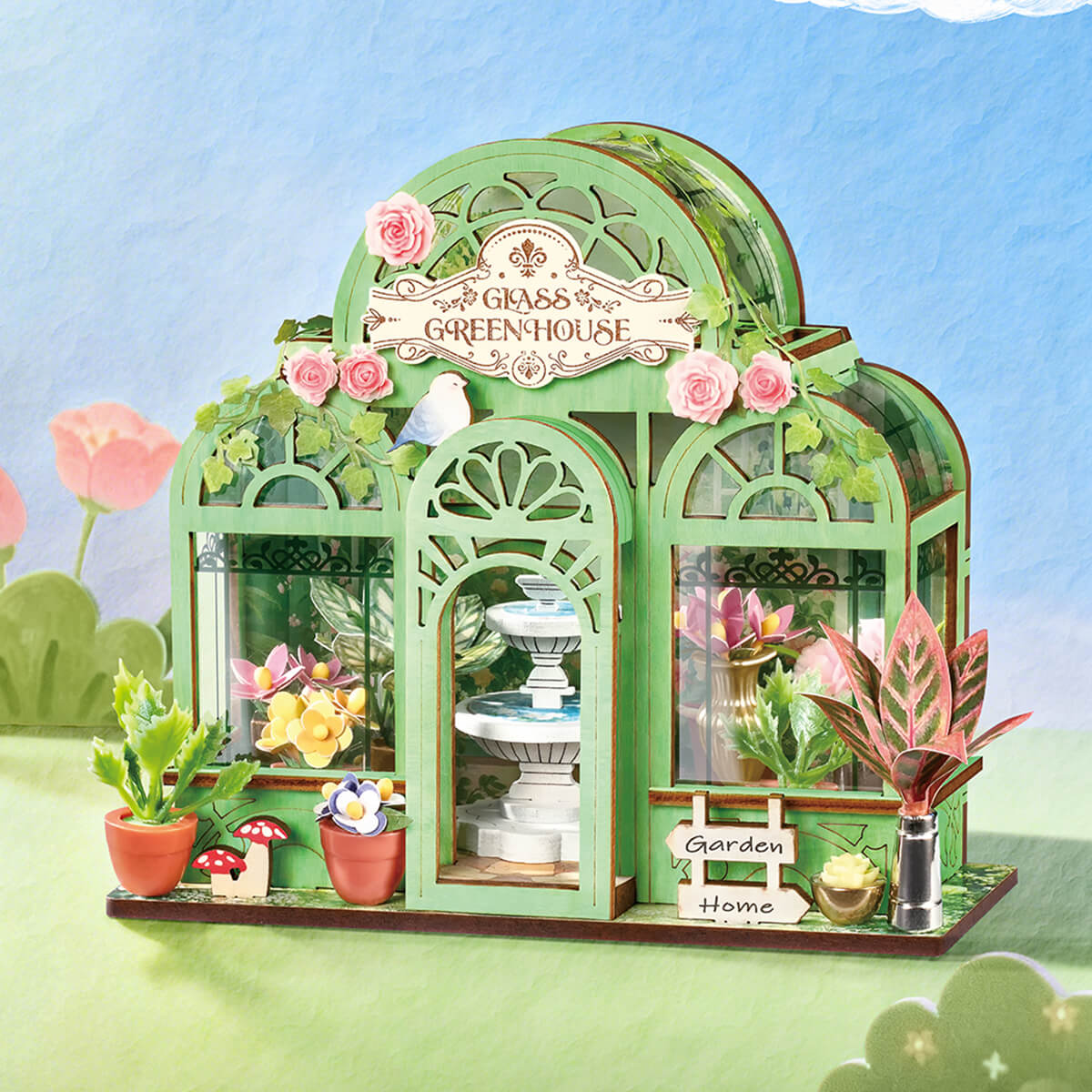 Rolife Green Fountain Garden Miniature House DS049 DIY miniature house kit, angled view showing detail and craftsmanship