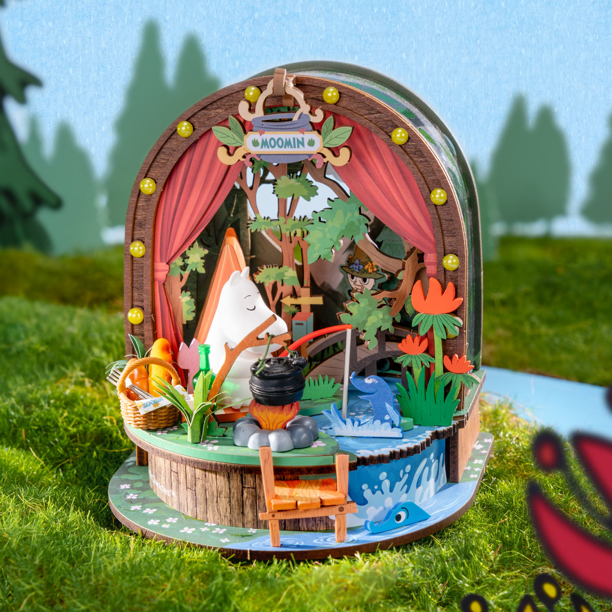 Moomintroll Forest Camp detail with a tent, campfire and woodland accessories
