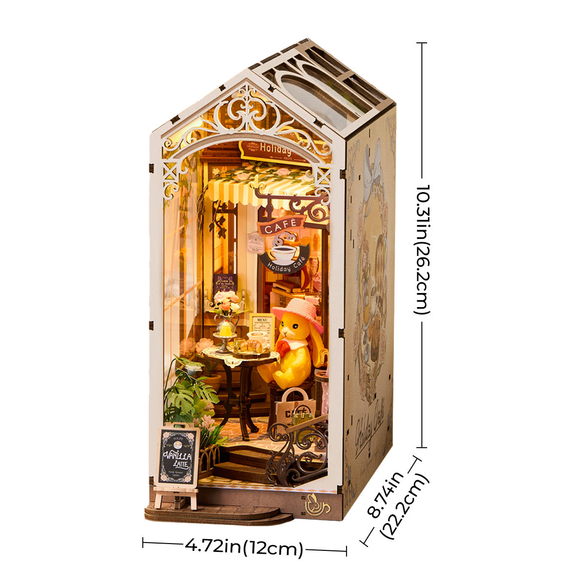 Rolife Holiday Cafe Book Nook Kit TGB15 3D wooden puzzle model, styled lifestyle scene with model assembled