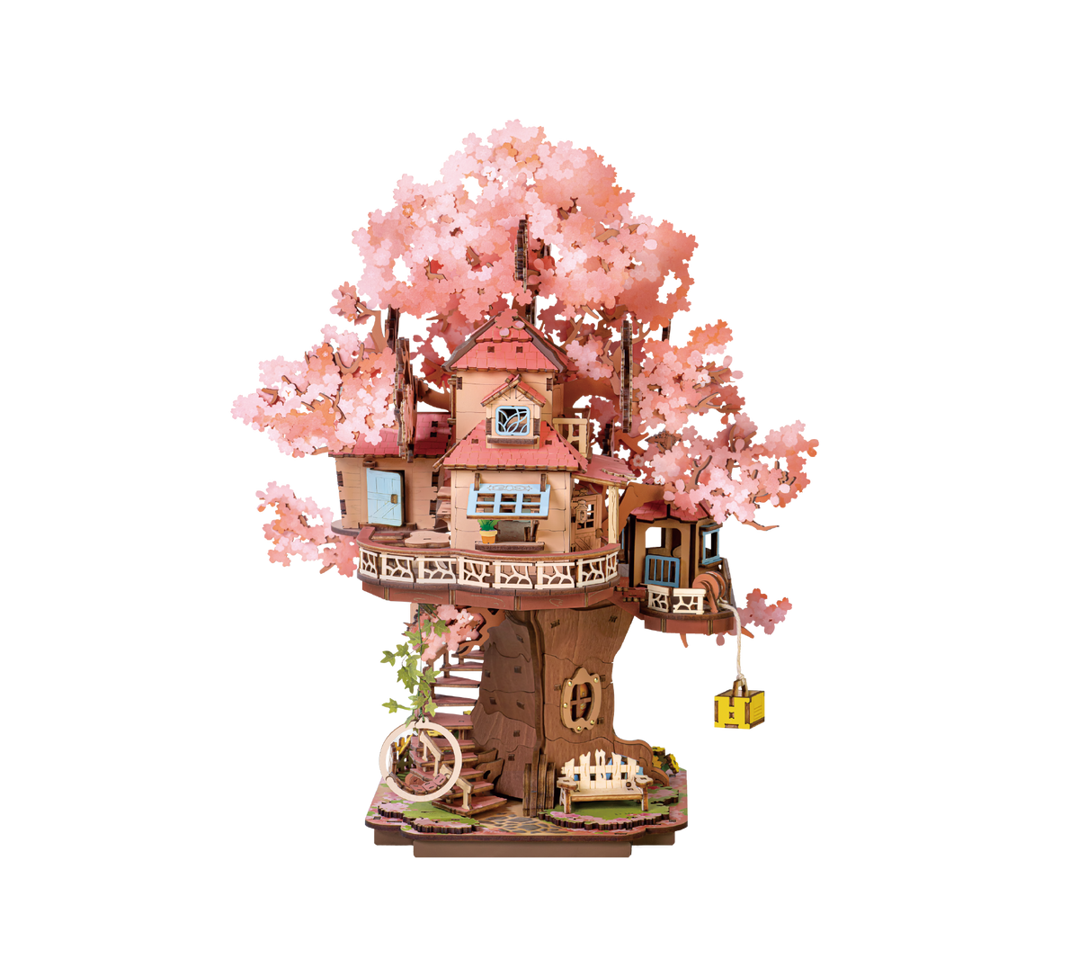 Rolife cherry blossom tree house miniature with pink flower canopy, balcony and lanterns on white