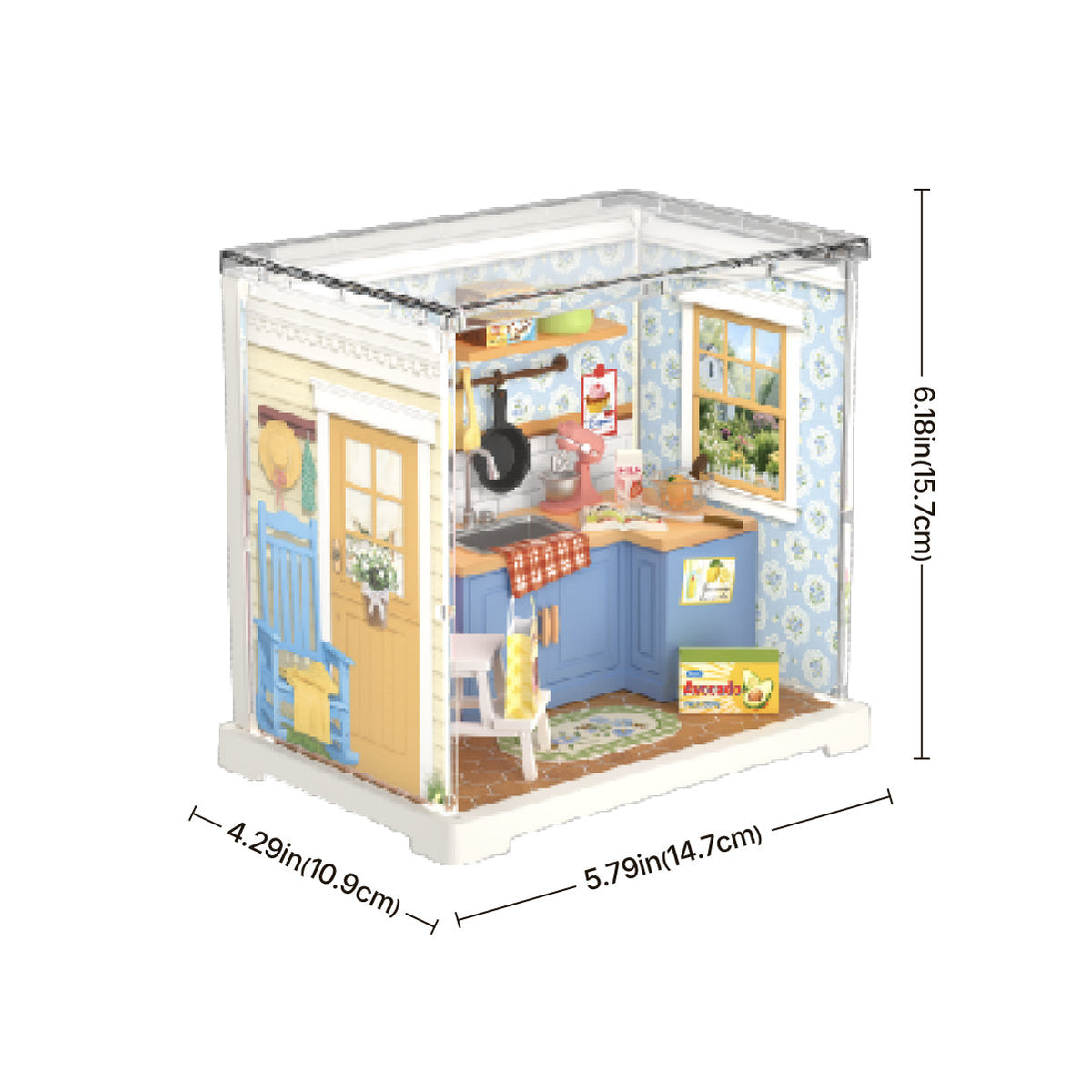 Rolife Homely Baking Kitchen Miniature House DWS08B DIY miniature house kit, styled lifestyle scene with model assembled