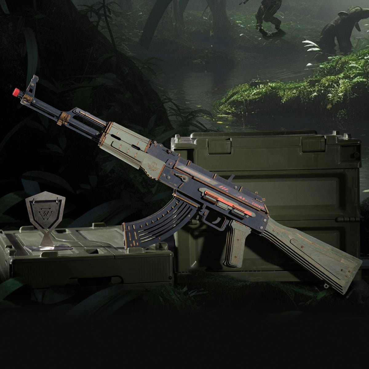 ROKR AK-47 Assault Rifle Toy Gun LQ901 3D wooden puzzle dark jungle theme, painted blue-grey AK-47 model leaning on a military crate in a forest environment with ROKR shield badge