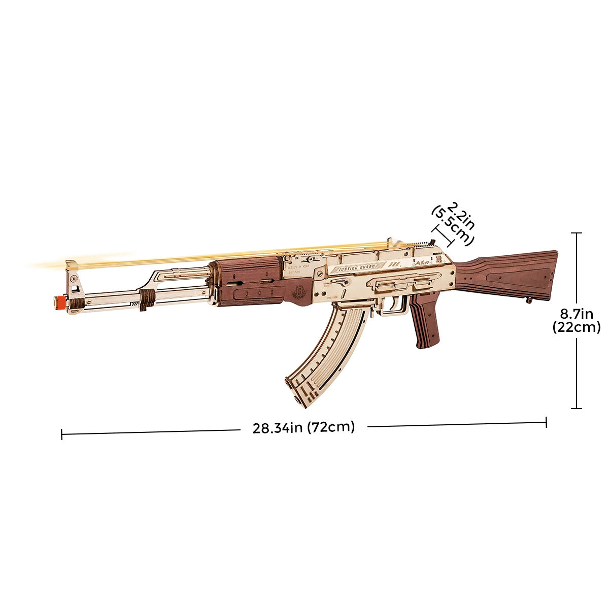 ROKR AK-47 Assault Rifle Toy Gun LQ901 3D wooden puzzle, angled three-quarter view of the build