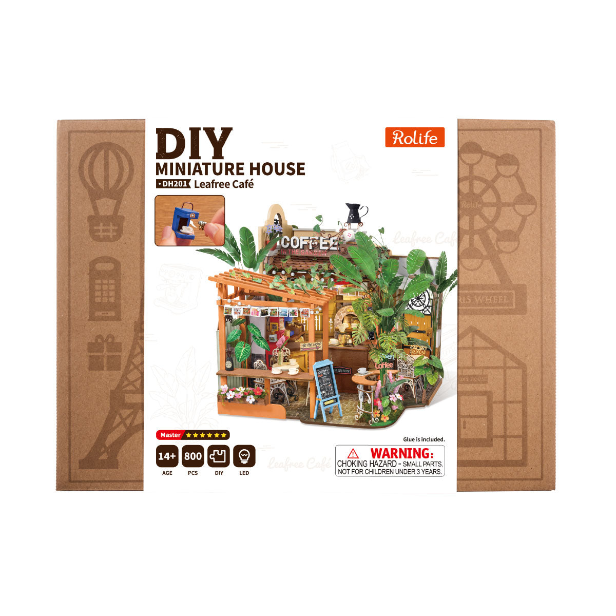 Rolife Leafree Cafe miniature kit packaging with leafy coffee shop artwork and brown side panels
