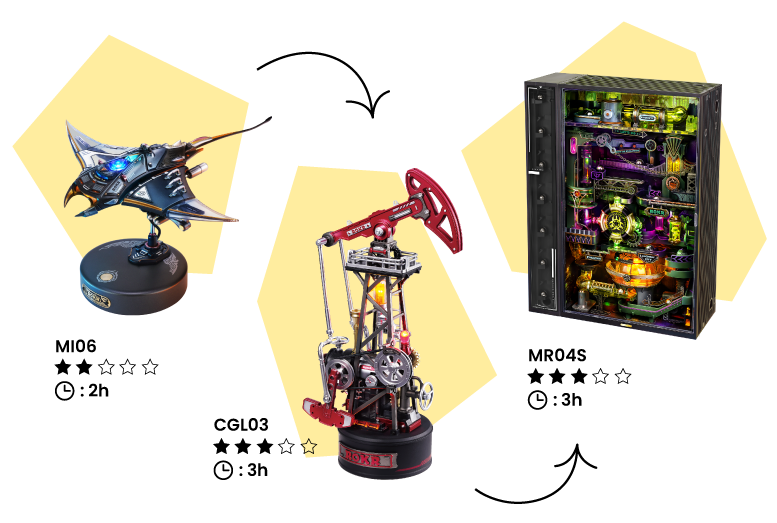 Robotime Level Up with 3D Models banner showing dragonfly kinetic sculpture CGL01 neon book nook MR045 and steampunk model on yellow background