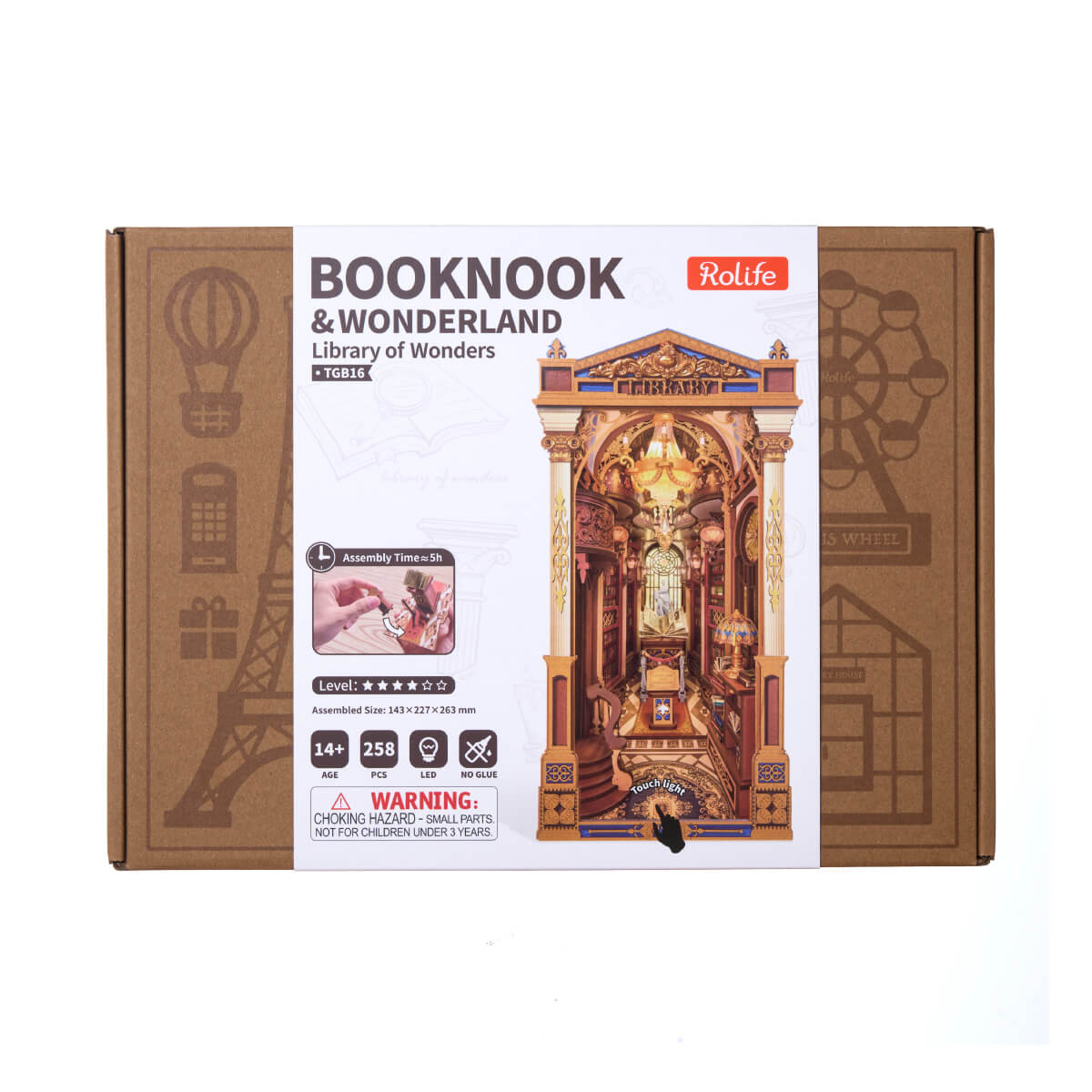 Rolife Library of Wonders Book Nook TGB16 3D wooden puzzle model, side view highlighting structure and scale