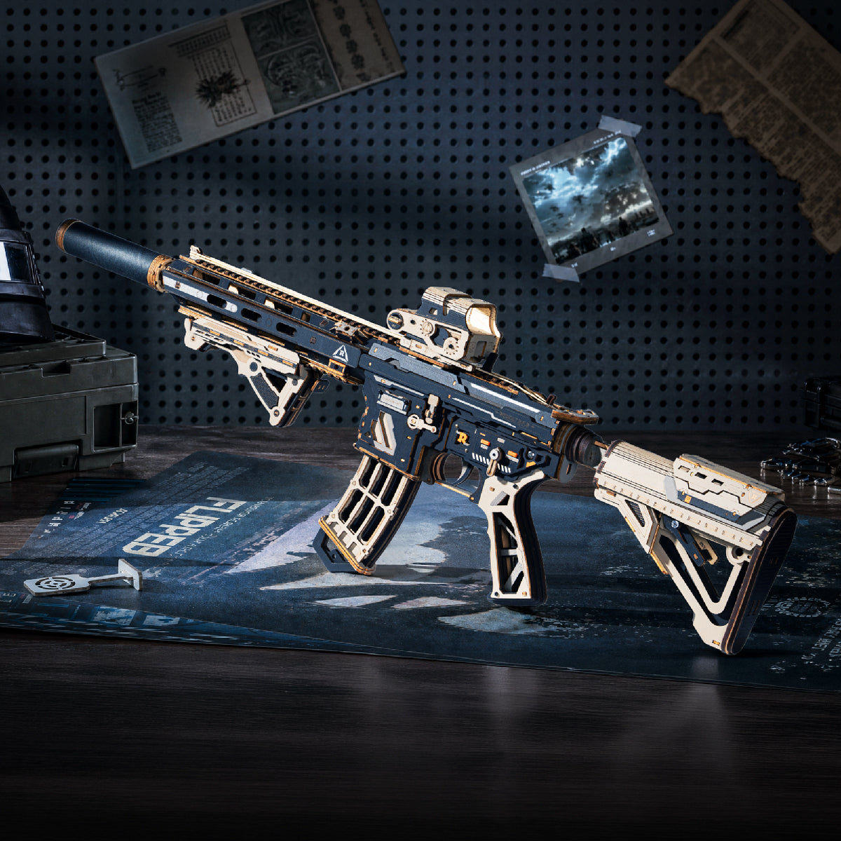 Wooden M416 rifle model floating above scattered parts and instruction papers against a dark pegboard wall.