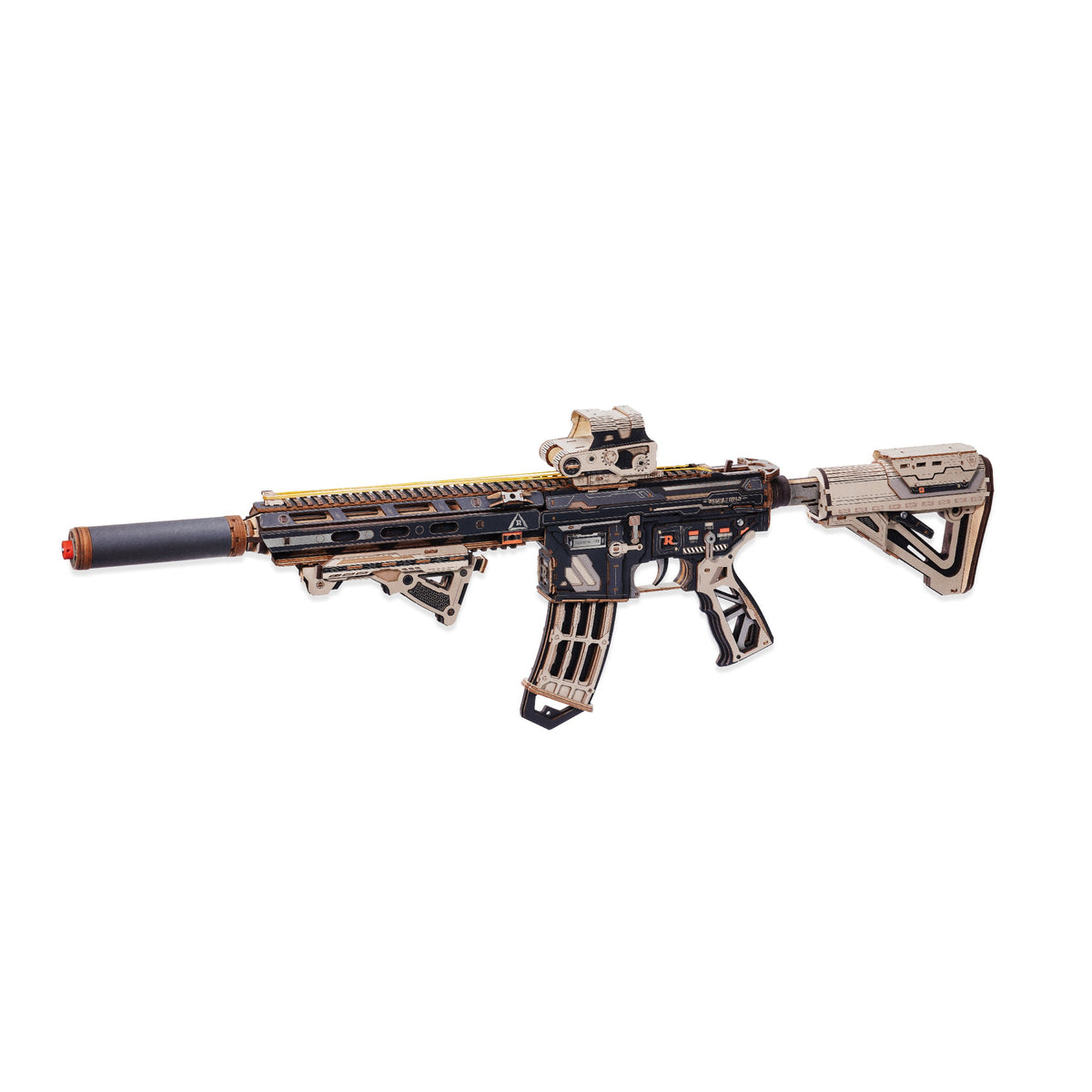 Assembled wooden M416 carbine puzzle rifle model shown upright against a plain white studio background.