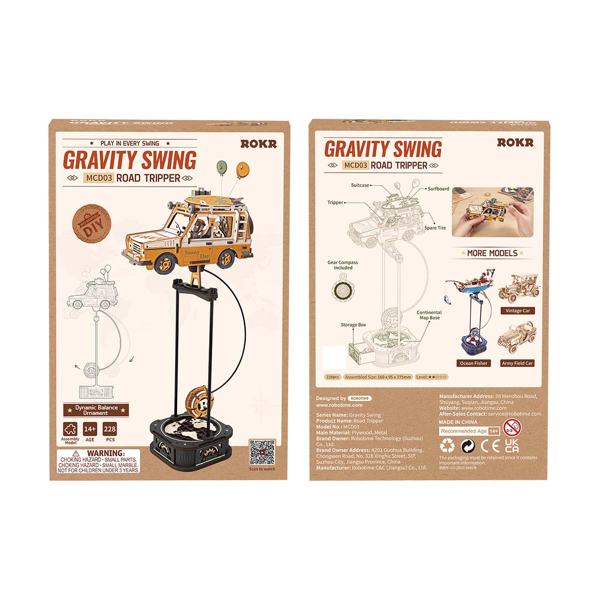 ROKR Road Tripper MCD03 double box packaging showing front and back of the kraft cardboard box with product diagram and specification details