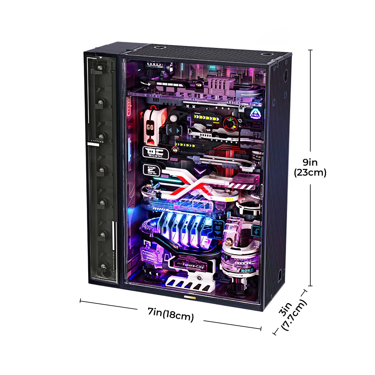 ROKR Parallel World Marble Run MR01S lifestyle night scene showing the fully assembled purple Future City cabinet glowing on a gaming desk