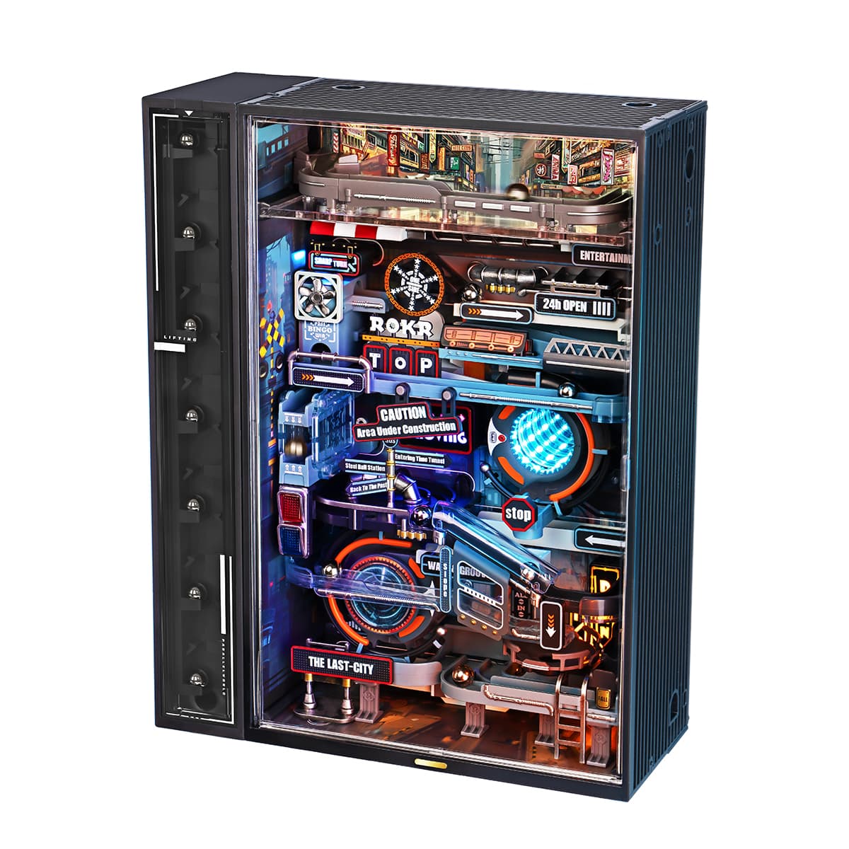 ROKR Parallel World Marble Run MR02S angled front view showing the full black cabinet with neon blue orange and red illuminated interior
