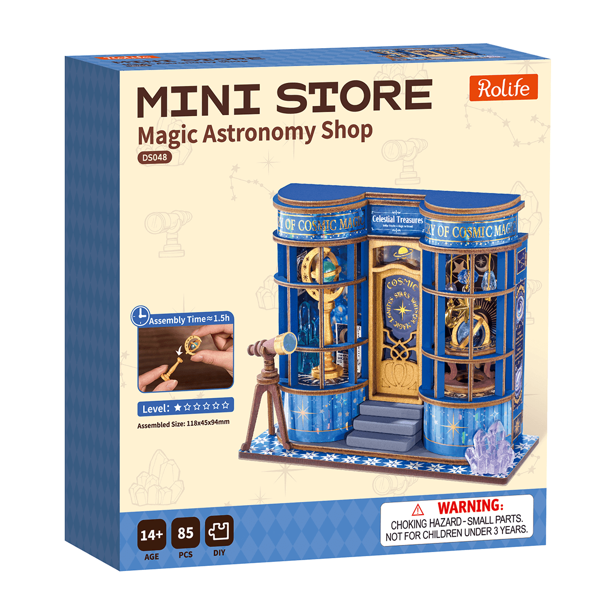 Rolife Magic Astronomy Shop Miniature House DS048 DIY miniature house kit, detail of decorative elements and finish