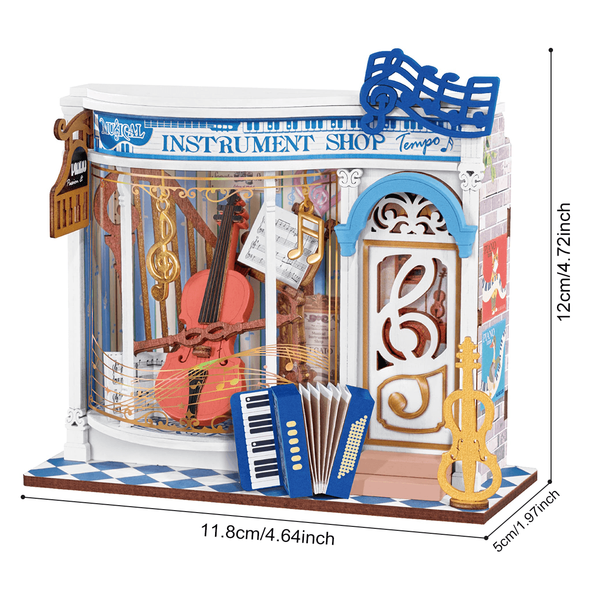 Rolife Melody Instrument Shop Miniature House DS047 DIY miniature house kit, styled lifestyle scene with model assembled
