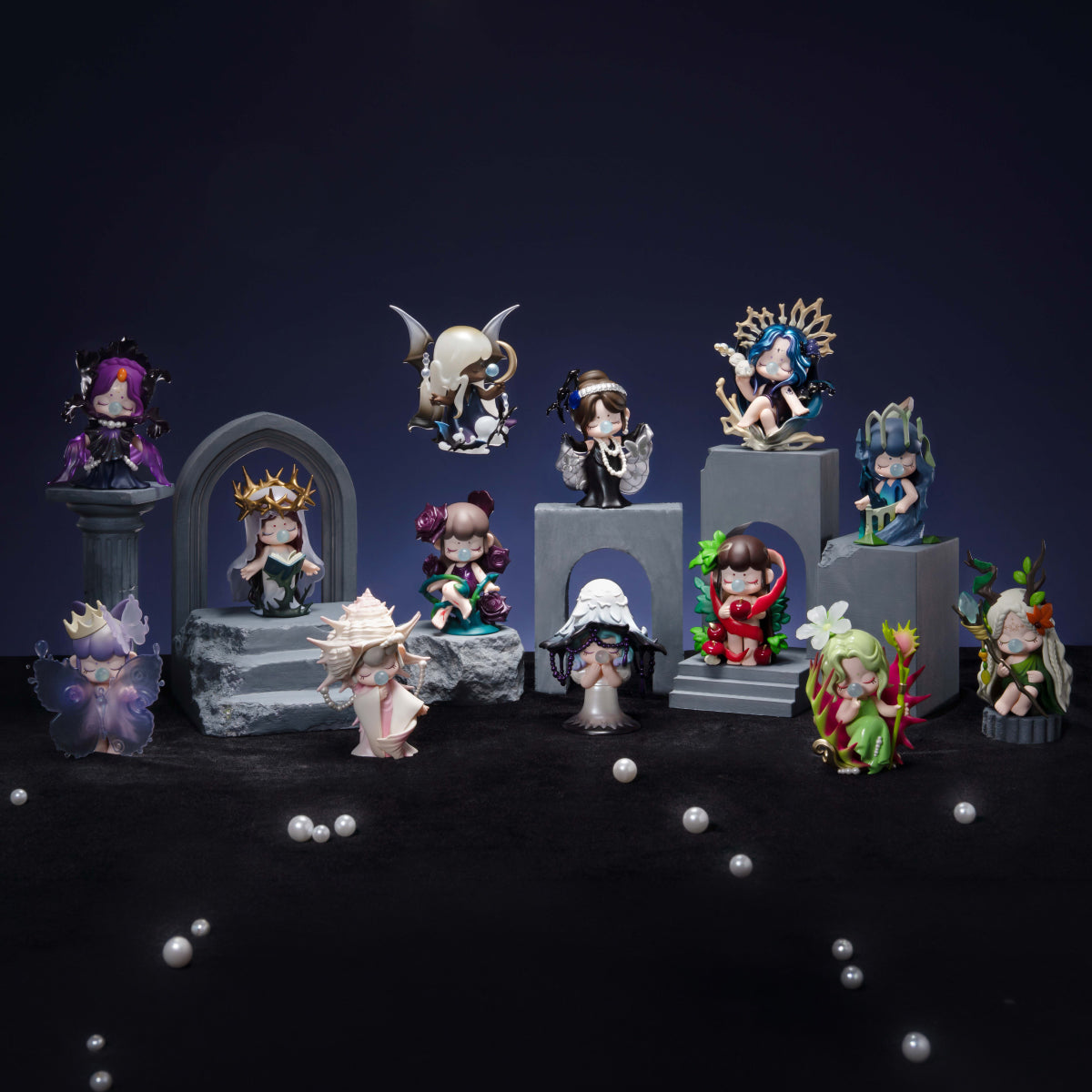Twelve collectible figurines displayed on stone pedestals in a dark scene with scattered pearls